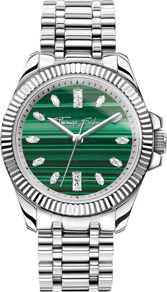 THOMAS SABO Quarzuhr DIVINE JEWELERY STONE WA0434-201-211-33 mm, Armbanduhr, Damenuhr, Edelstahl, analog, Zirkonia (synth), Malachit von THOMAS SABO