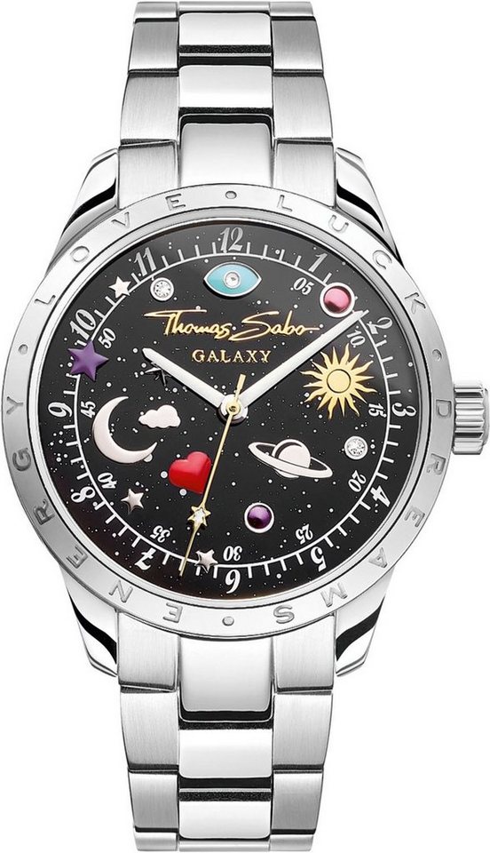 THOMAS SABO Quarzuhr COSMIC AMULET WA0402-201-203-34 MM, Armbanduhr, Damenuhr, Zirkonia, Herz, Mond, Sterne, Edelstahlarmband von THOMAS SABO