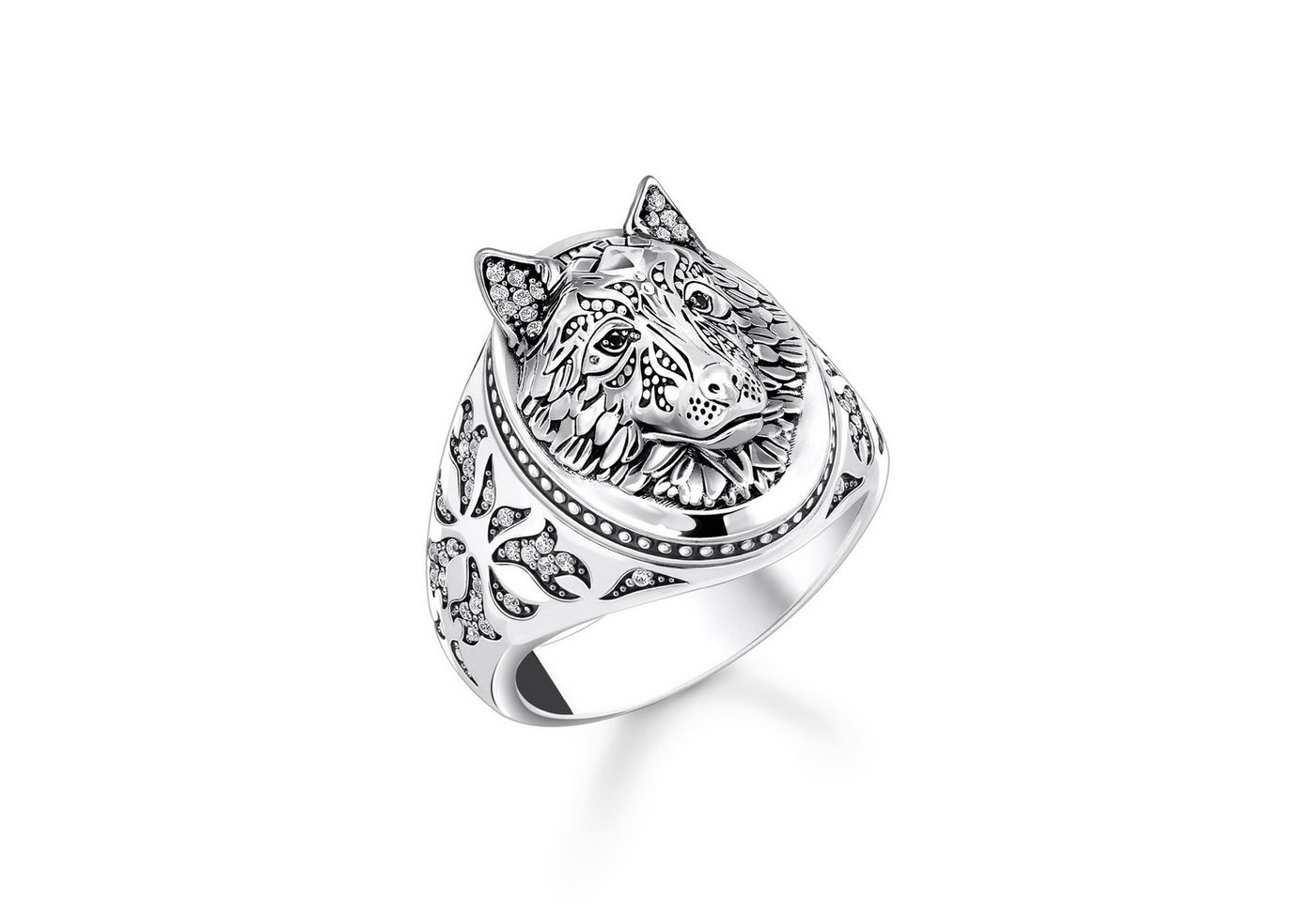 THOMAS SABO Silberring Siegelring Wolf mit Steinen Silber geschwärzt von THOMAS SABO