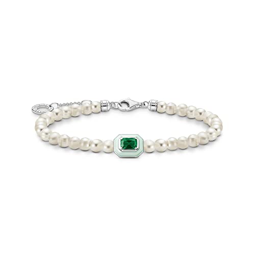 Thomas Sabo Damen Armband mit weißen Perlen und grünem Stein, 925 Sterlingsilber, Kaltemail, Länge: 16-19 cm, A2096-082-6-L19v von THOMAS SABO