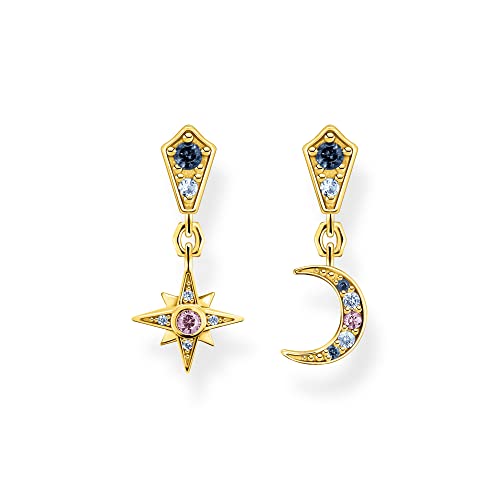 THOMAS SABO Sabo Ohrringe Royalty Stern und Mond mit Steinen aus 925 Sterlingsilber 750er Gelbgold-Vergoldung, Maße: ca. 2cm x 0,9cm, H2207-959-7 von THOMAS SABO