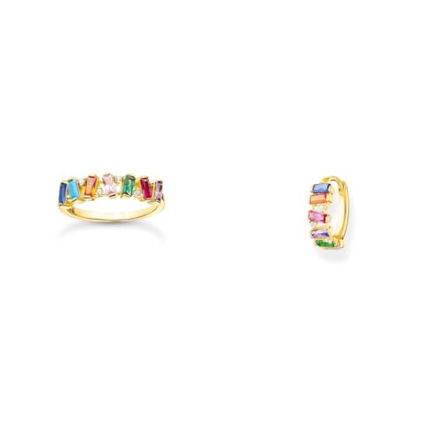 Thomas Sabo Ring Gold mit verschiedenfarbigen Zirkonia Steinen im Baguette-Schliff, 750 Vergoldung, 925 Sterlingsilber, Ringgröße 52, TR2346-488-7-52 & CR665-488-7 Charm Club Creole 925 Sterlingsilber von THOMAS SABO