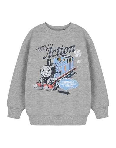 Thomas & Friends Jungen-Langarm-T-Shirt mit Grafik in Grau | Klassisches Cartoon-Top mit Thomas, der kleinen Lokomotive | Slogan „Bereit zum Handeln“ | Schlichtes Pull-On-Hemd mit Rundhalsausschnitt von Thomas & Friends