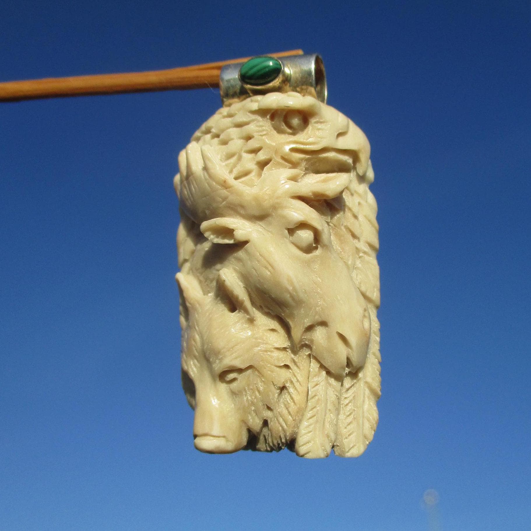 Adler Elch Und Wolf - Horn Geschnitzt Anhänger Silber 925 Mit Malachit von THORALFWOLF