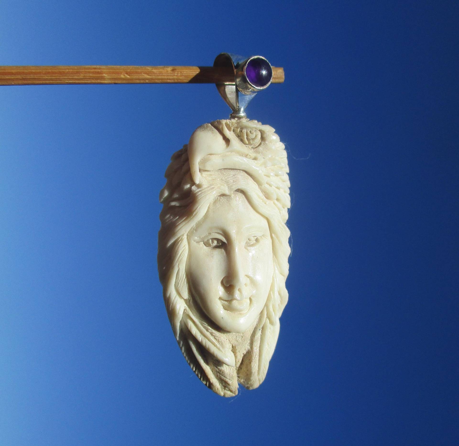 Portrait Mit Adler - Horn Geschnitzt Anhänger Silber 925 Amethyst von THORALFWOLF