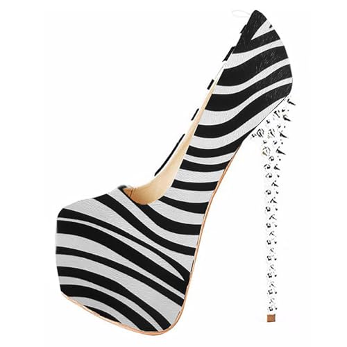 THOYBMO Damen Muller High Heels Stilettos Sandalen Runder Kopf Pumps Geschlossene Zehe Slip-on Flacher Mund Plattform Niet Shoes Abschlussball Schuhe 16-17.5CM,zebra,35 von THOYBMO