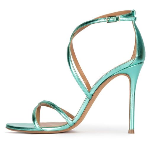 THOYBMO Damen Pumps Sandalen High Heeled Stiletto Runder Kopf Riemen Kreuzen Offene Zehen Knöchelriemen Schuhe für Sommer Partys Tägliches Tragen 12CM Shoes,Green,35 von THOYBMO