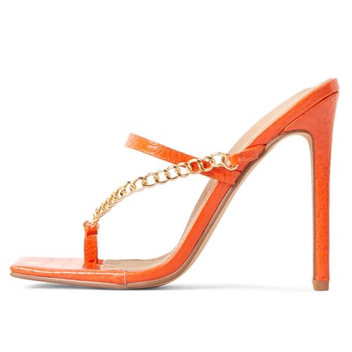 THOYBMO Damen Sandalen High Heeled Maultiere Stiletto Quadratischer Kopf Gespaltene Zehen Slip-on Slingback Kette Schuh für Sommer Hochzeit Party Shoes 12CM,Orange,34 von THOYBMO