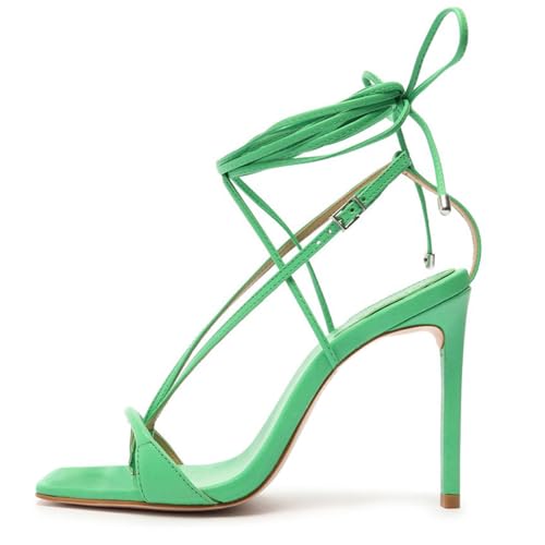 THOYBMO Damen Sandalen High Heeled Stiletto Quadratischer Kopf Gespaltene Zehen Slingback Kreuzriemen Schnüren Schuh für Sommer Hochzeit Party Shoes10-12CM,Green,37 von THOYBMO