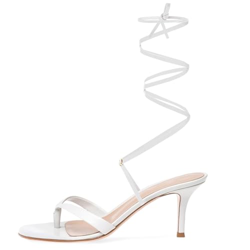 THOYBMO Damen Sandalen High Heeled Stiletto Runder Kopf Gespaltene Zehen Slingback Kreuzriemen Schnüren Flip-Flops Schuh für Sommer Hochzeit Party Shoes 5-7CM,White,40 von THOYBMO