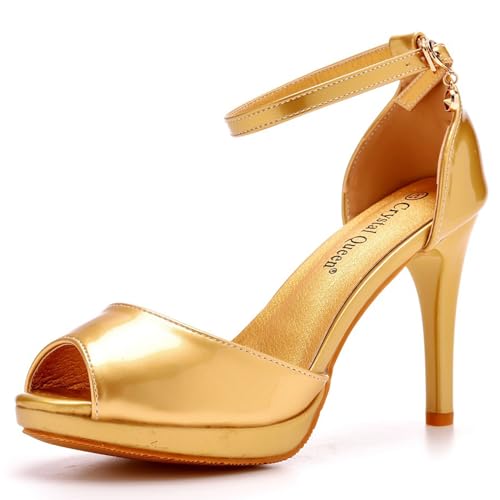 THOYBMO Damen Sandalen High Heels Stiletto Flacher Mund Fischmaul Open Toe Knöchelriemen One Word Belt Shoes für Sommer Hochzeit Party Arbeiten10CM Schuhe,Gold,38 von THOYBMO