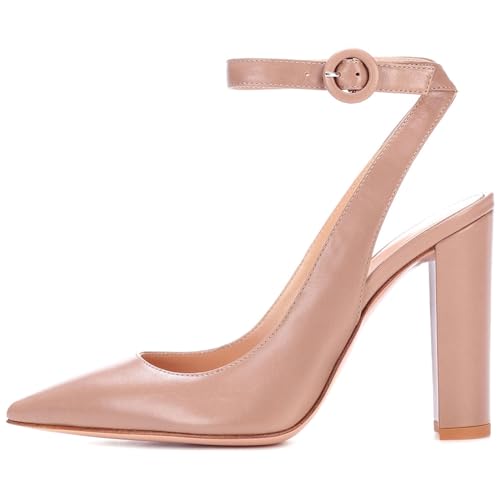 THOYBMO Damen Sandalen Schuhe Stiletto High Heels Gespitzte Spitze Flacher Mund Knöchelschnalle Slingback Shoes für Sommer Hochzeit Party Bankett 10.5-13CM,Nude color,37 von THOYBMO