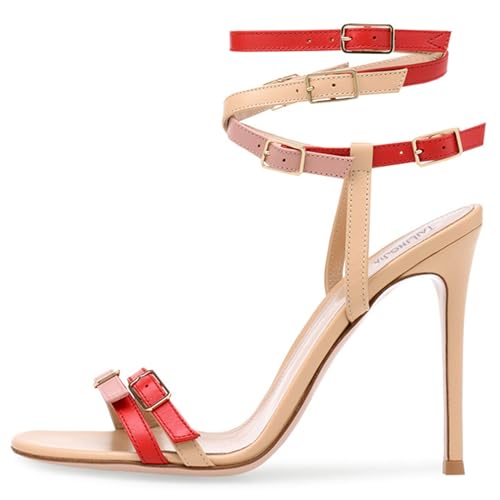 THOYBMO Damen Sandalen Stiletto High Heels Runder Kopf Open Toe Kreuzriemen Schnalle Farblich Abgestimmt Schuh für Sommer Hochzeit Party Shoes 11-13CM,Red,40 von THOYBMO