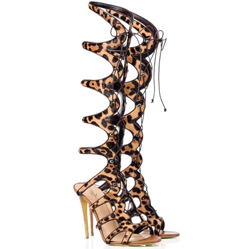 THOYBMO Damen Sandalen Stiletto High Heels Schuhe Offener Zeh Slingback Schnürstiefel Schwarze Leopardenmuster-Stiefel Shoes für Sommer Hochzeit Bankett11-13CM,Leopard,42 von THOYBMO