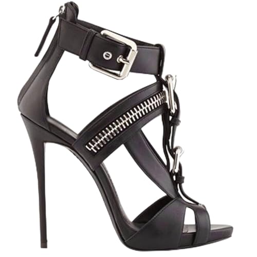 THOYBMO Damen Sandalen Stiletto High Heels Schuhe Women's Offene Spitze Reißverschluss Hinten Metall Schnalle Weiß Schwarz Shoes für Sommer Bankett12-13CM,Black,44 von THOYBMO