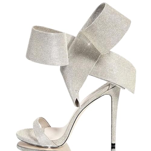 THOYBMO Damen Sandalen Stiletto High Heels Schuhe Women's Offener Zeh Fesselriemen Schnalle Ein-Wort-Gürtel Große Fliege Shoes für Sommer Hochzeit Bankett12-13CM,Silver,43 von THOYBMO