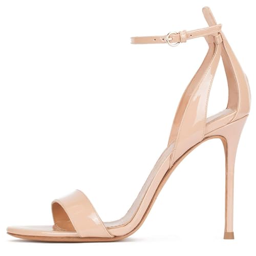 THOYBMO Damen Sandalen Stiletto High Heels Schuhe Women's Offener Zeh Fesselriemen Schnalle Ein-Wort-Gürtel Shoes für Sommer Hochzeit Bankett10-11CM,Apricot patent leather,34 von THOYBMO