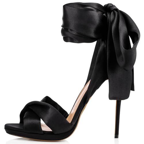 THOYBMO Damen Sandalen Stiletto High Heels Schuhe Women's Offener Zeh Fesselriemen Schnürung Slingback Shoes für Sommer Komfort Hochzeit Bankett12-13CM,Black,35 von THOYBMO