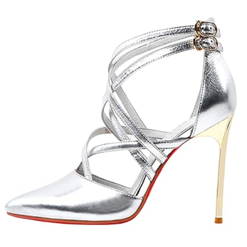 THOYBMO Damen Sandalen Stiletto Women's High Heels Gespitzte Spitze Flacher Mund Slip-on Kreuzgurt Schnalle Shoes für Sommer Hochzeit Bankett Schuhe 11-13CM,Silver,36 von THOYBMO