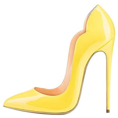 THOYBMO Damen Sandalen Stiletto Women's High Heels Gespitzte Spitze Flacher Mund Slip-on Lackleder Shoes für Sommer Hochzeit Party Bankett Schuhe 12-13CM,Yellow,45 von THOYBMO
