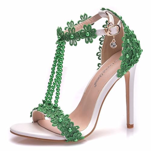 THOYBMO Damen Sandalen Women's High Heels Stiletto Flacher Mund Fischmaul Open Toe Knöchelriemen Perle Shoes für Sommer Hochzeit Party Braut 11CM Schuhe,Green,39 von THOYBMO