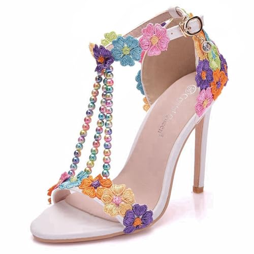 THOYBMO Damen Sandalen Women's High Heels Stiletto Flacher Mund Fischmaul Open Toe Knöchelriemen Perle Shoes für Sommer Hochzeit Party Braut 11CM Schuhe,colorful,43 von THOYBMO