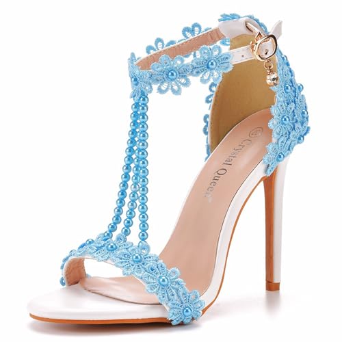 THOYBMO Damen Sandalen Women's High Heels Stiletto Flacher Mund Fischmaul Open Toe Knöchelriemen Perle Shoes für Sommer Hochzeit Party Braut 11CM Schuhe,light blue,36 von THOYBMO