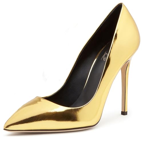 THOYBMO Damen Stiletto High Heels Sandalen Gespitzte Spitze Pumps Geschlossene Zehe Flacher Mund Slip-on Lackleder Shoes Party Abschlussball Schuhe 10-11CM,Gold,46 von THOYBMO