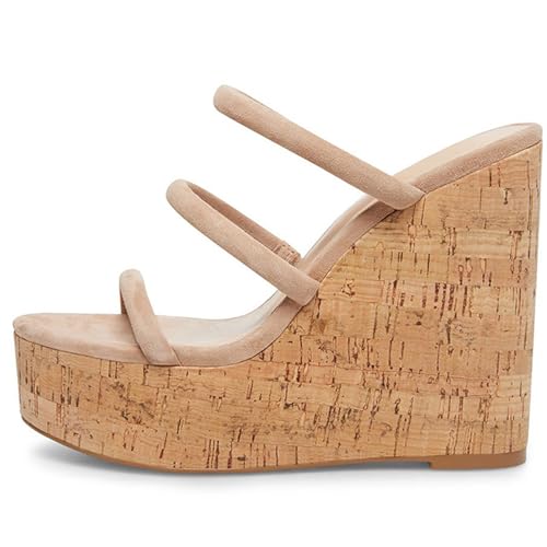 THOYBMO Damen Wedges High Heels Mules Sandalen Women's Runde Spitze Offene Spitze Plateau Slingpumps Shoes Hausschuhe Party Abschlussball Schuhe 15-17CM,Nude,41 von THOYBMO