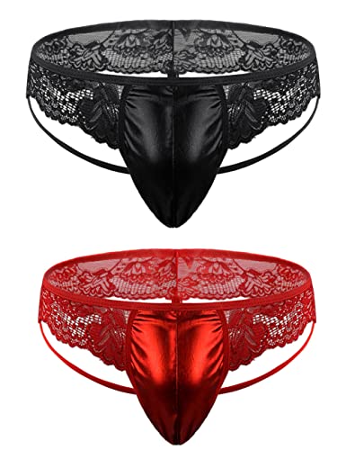 Set of 2 Herren-Strings Spitze T-Rücken Unterhosen Bulge Big Pouch Tangas Boxer T-String Dessous Unterwäsche (Rot und Schwarz) M von THSCWY