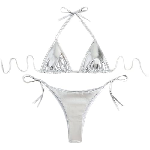 THSCWY Damen Metallic Bikini Halter Top Zweiteiliger Badeanzug Krawatte Seite Dreieck Bikini mit gepolstertem Silber Large von THSCWY