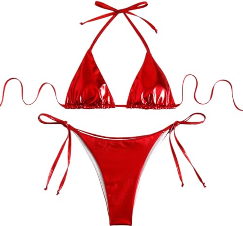 THSCWY Damen Metallic Bikini Neckholder Top Zweiteiliger Badeanzug Krawatte Seite Triangel Bikini mit Gepolstert Rot Small von THSCWY