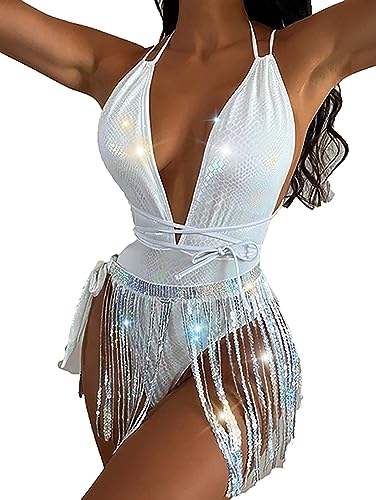 THSCWY Damen Sexy Paillette Tiefe V Bademode Backless Quaste Stil Einteilige Bademode Sparkle Glitter Rave Outfit Weiß THSCWY Damen Sexy Paillette Tiefe V Bademode Backless Quaste Stil Einteilige Bademode Sparkle Glitter Rave Outfit Weiß von THSCWY