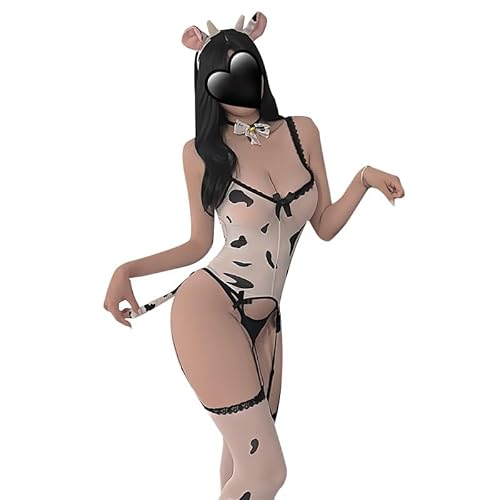 THSCWY Womens Anime Kuh Cosplay Kostüm Lolita Kawaii Bikini Strumpfband Dessous Bodysuit mit Strümpfen Anzug von THSCWY
