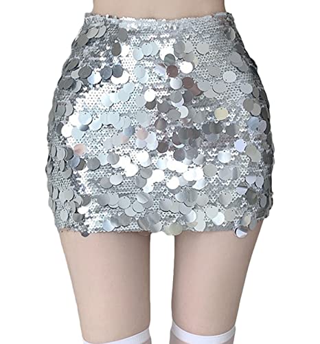 Silberner Mini-Rock, Frauen Paillettenröcke Sparkle Bodycon Kurzer Wickelrock Sexy Club Party Röcke (Color : Silver, Size : M) von THUCHENYUC