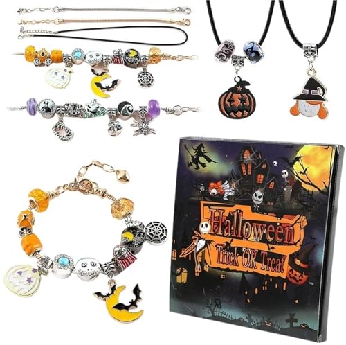 THUCHENYUC Halloween-Schätze-Charm-Armband, Süßes Halloween-Charm-Armband Mit 2 Armbändern Und 1 Halskette, 20 Gruseligen Charms, 20-tägiger Einzigartiger DIY-Armband-Schmuck-Countdown-Box von THUCHENYUC