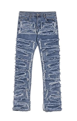 THUCHENYUC Herren Stacked Jeans, Slim Fit Men Ripped Jeans Stacked Leg Denim Stretch Jeans Streetwear Trousers (Color : Blue, Size : M) von THUCHENYUC