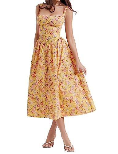 THUCHENYUC Print Bustier Sonntagskleid, Frauen Floral Korsett Midi-Kleid Low Cut Ärmellos Quadratischen Hals Korsett Kleid (Color : Yellow, Size : M) von THUCHENYUC