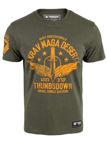 THUMSDOWN Krav MAGA Desert Israel Combat Organic T-Shirt - Mittlere Passform mit Rundhalsausschnitt - 180 g/qm Baumwolle - Atmungsaktives Angenehmes Material - für Sport und Alltag - Armee - S von THUMBSDOWN