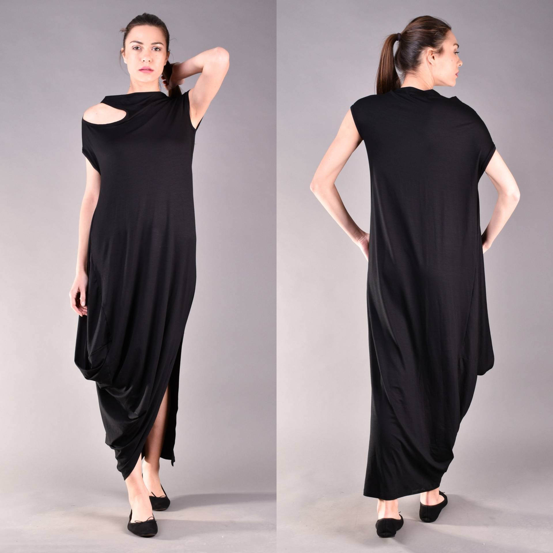 Langes Schwarzes Kleid, Kalte Schulter, Abendkleid, Partykleid, Drapiertes Kurzarmkleid, Freizeitkleid, Plus Size Maxikleid Langes Schwarzes Kleid, Kalte Schulter, Abendkleid, Partykleid, Drapiertes Kurzarmkleid, Freizeitkleid, Plus Size Maxikleid von THUNDERMODA