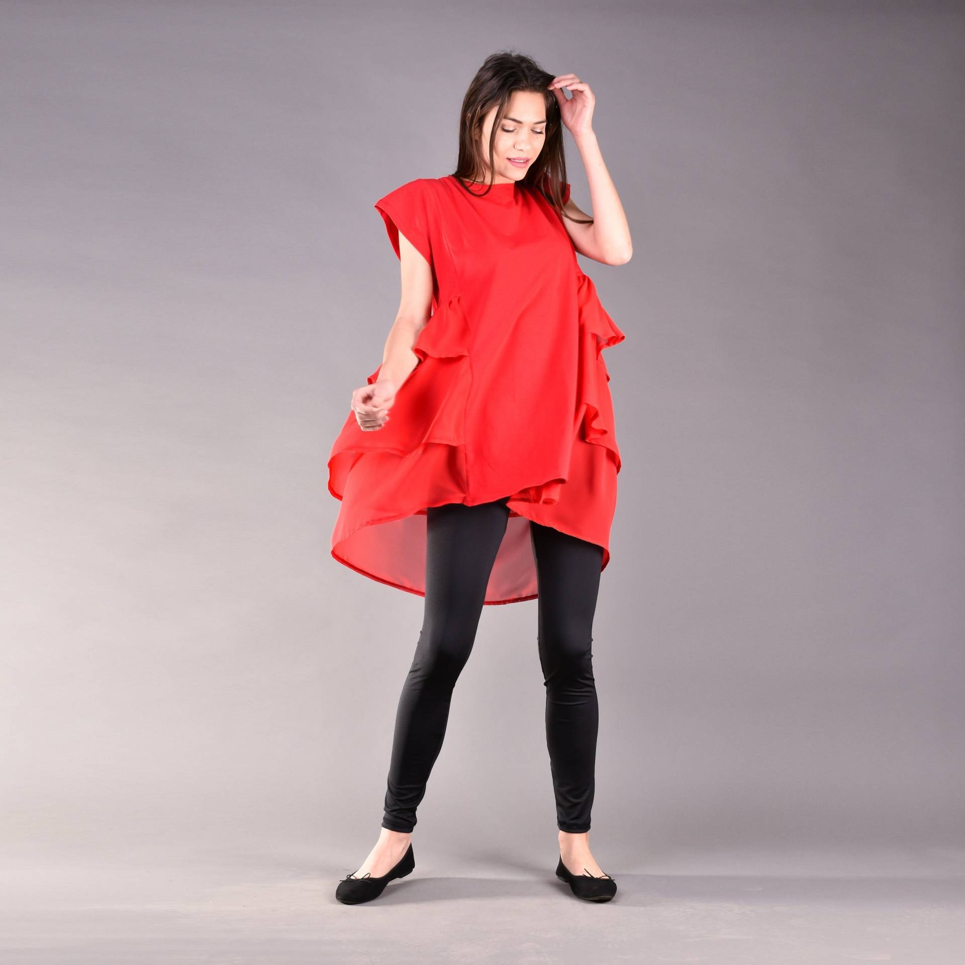 Lockere Tunika, Rote Oversized Extravagante Roter Kaftan, Rüschen, Plus Size Kleidung, Frauen von THUNDERMODA