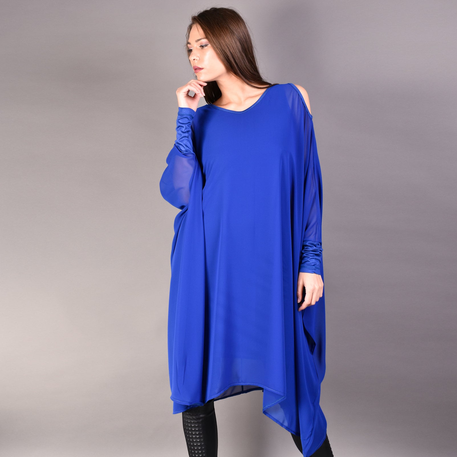 Plus Size Royal Blau Chiffon Kaftan Kleid, Schulterfrei Tunika von THUNDERMODA