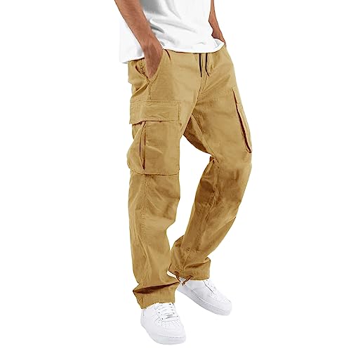 THWEI Herren-Cargohose, lässige Jogginghose, athletische Hose, Baumwolle, locker, gerade, Jogginghose, Hellkhaki, Größe M von THWEI