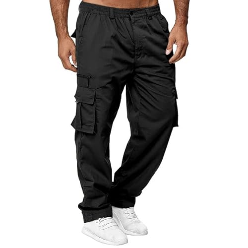 THWEI Herren Cargohose Casual Baumwolle Jogger Multi Pockets Outdoor Wandern Arbeit Sweatpants, Schwarz, Groß von THWEI