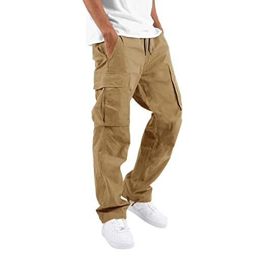 THWEI Herren Cargohose Casual Jogginghose Athletic Pants Baumwolle Loose Straight Sweatpants, Khaki, Groß von THWEI