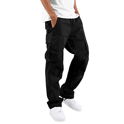 THWEI Herren Cargohose Casual Jogginghose Athletic Pants Baumwolle Loose Straight Sweatpants, Schwarz, Mittel von THWEI