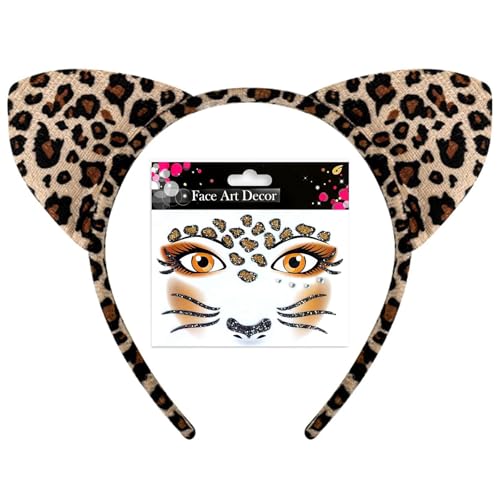 THXFUNAREA 1 Gesichts-Tattoo + 1 Halloween Leopard Haarreif mit Plüschohren Katzenohr Stirnbänder Ohr Stirnband Leoparden Ohrstirnbänder Hair Hoops Für Kostüm Party Cosplay Dekoration Zubehör von THXFUNAREA