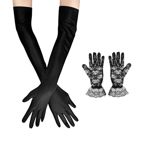 THXFUNAREA 1 Paar Handschuhe Lang + 1 Paar kurze spitzenhandschuhe schwarz, Handschuhe Elegant Damen, Satin Classic Abendhandschuhe,1920er Handschuhe für Classic Opera Party HalloweenKarneval Kostüm von THXFUNAREA