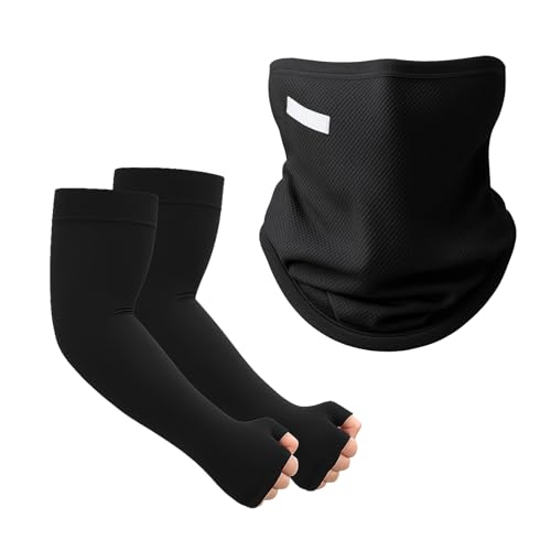 THXFUNAREA 1 Stück Sonnenschutzmaske+1 Paar Ärmel UV Sonnenschutz Ärmlinge Armschutz UPF 50+, Arm Sleeve Gaming, Armsleeve Armstulpen Sommer, Kühlung Armlinge für Damen Herren Volleyball Golf Schwarz von THXFUNAREA