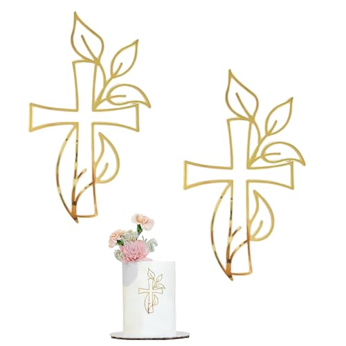 THXFUNAREA 1 Stück Tortendeko Taufe Kommunion Gold Kreuz, Cake Topper für Mädchen Junge, Acryl Torte Deko mit Blätter Design, Kuchenaufstecker für Taufe Hochzeit Party Dekoration(golden) von THXFUNAREA